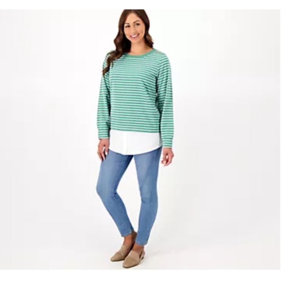 Isaac Mizrahi Live! Textured Ottoman Stripe Layered Pullover Shirt Green XL